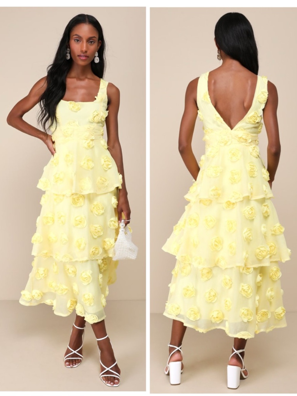 Lulus Exceptional Entrance Yellow Sleeveless Tiered Rosette Midi Dress Large